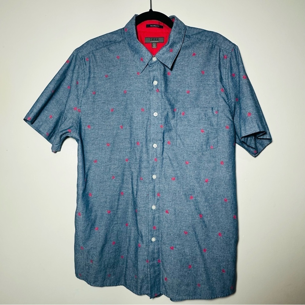 Saddlebred 1888 Men's Tailored Fit Blue Button Up Shirt Red Sailboats Nautical